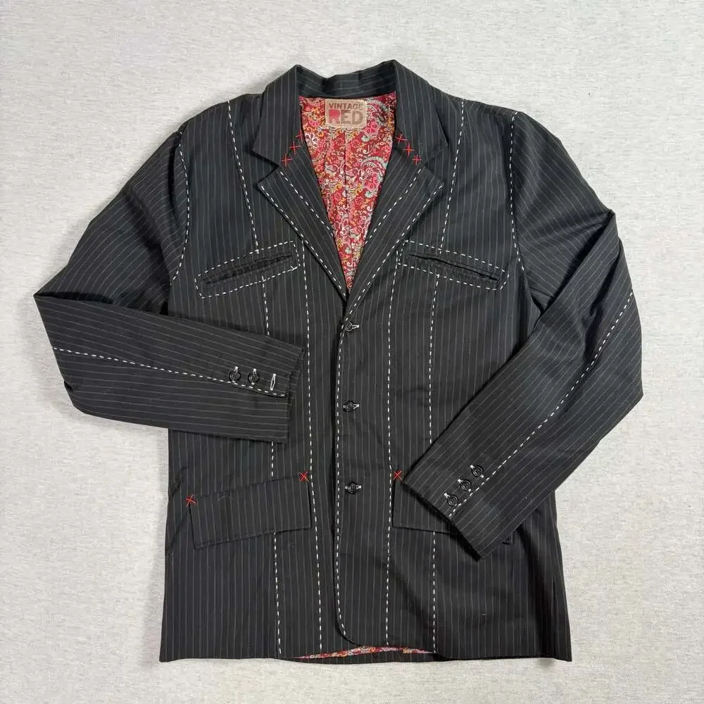 Vintage Red Men's Black Pinstripe Blazer with Contrast Stitching